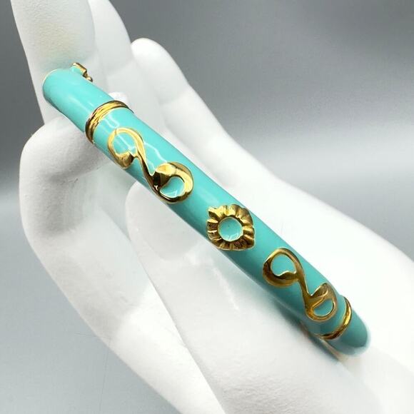 VTG Bracelet Teal Enamel 925 Gold Wash Bangle Clamper 6-1/2" Veronese ITALY - Picture 1 of 6